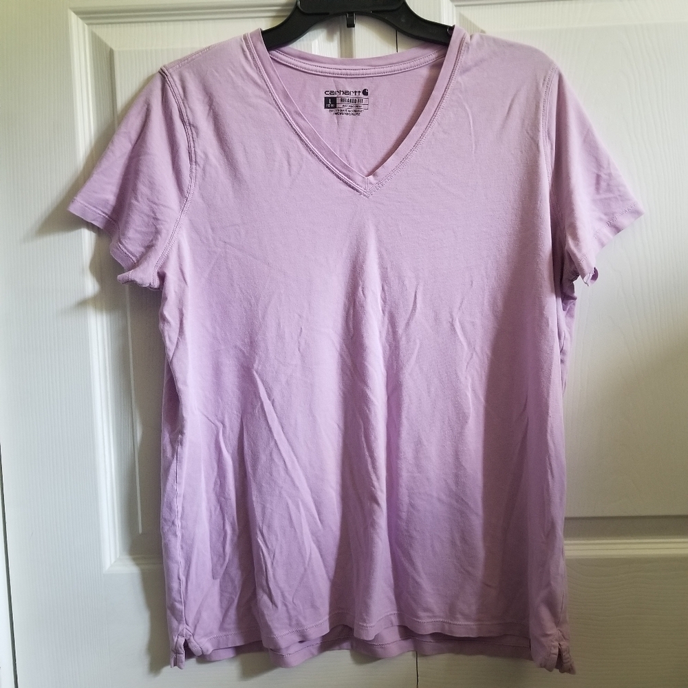 Carhartt Women's T-shirt Large Purple V-Neck Short Sleeve Relaxed Workwear